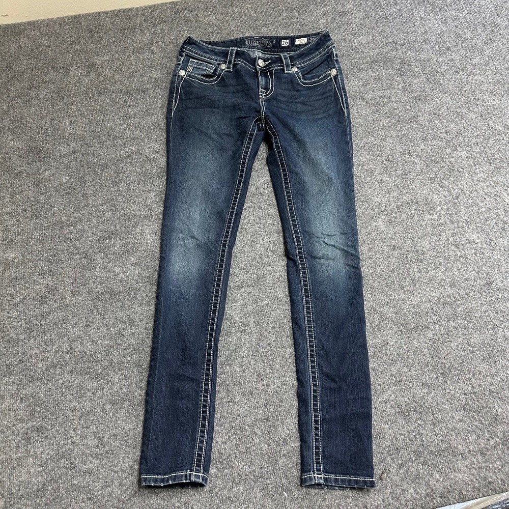 Miss Me Jeans Womens Size 26 Dark Wash Mid-Rise Skinny Thick Stitch Embellished